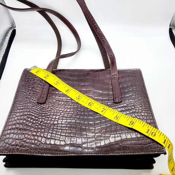Vintage Bloomingdale's Dark Brown Leather Croc Embossed Envelope Accordion Bag - Picture 12 of 13